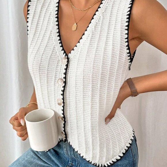 Beige Casual Women's Color Block Edging Vest Style Sweater - Picture 6 of 6